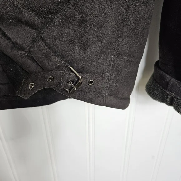 ZARA Black Faux Suede Aviator Jacket Shearling Lined Zip Coat Mens L - Picture 10 of 14